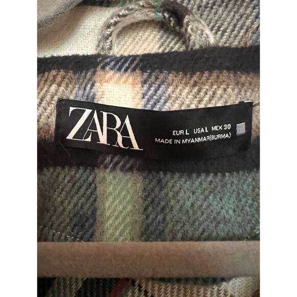 Zara Women's Large Button Down Shirt Check Plaid Beige Green Oversized Jacket - Picture 3 of 8